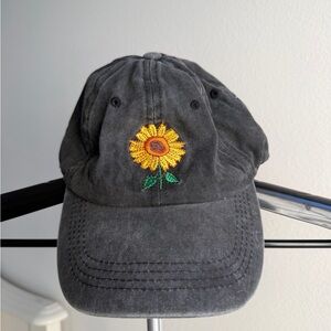 Sunflower Embroidered Black Denim Kids Cap